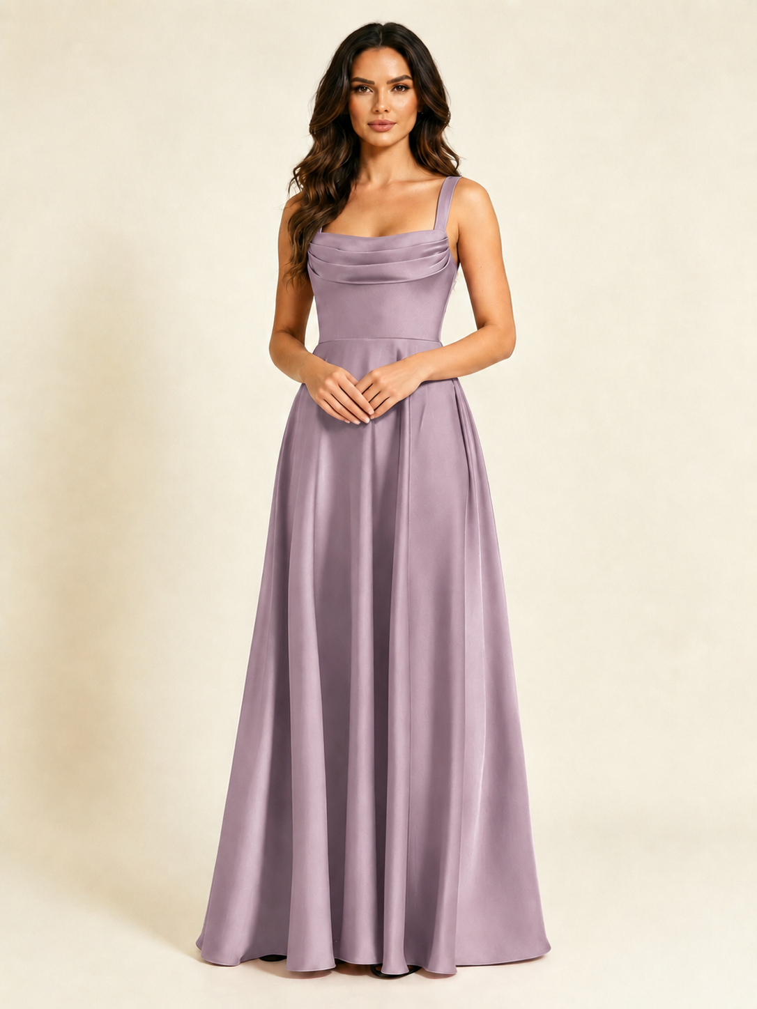 Satin Draped Cowl Square Neck A-Line Maxi Bridesmaid Dress