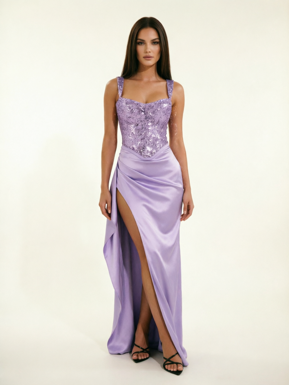 Sequin Corset Satin High Slit Formal Maxi Dress