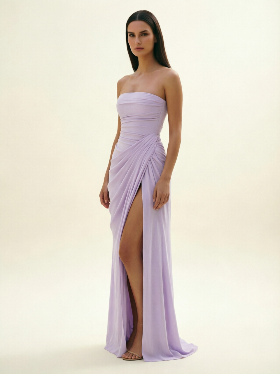 Strapless Ruched High Slit Maxi Dress