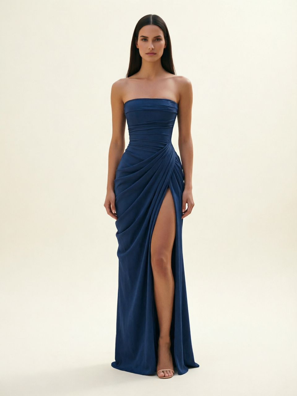 Strapless Ruched High Slit Maxi Dress
