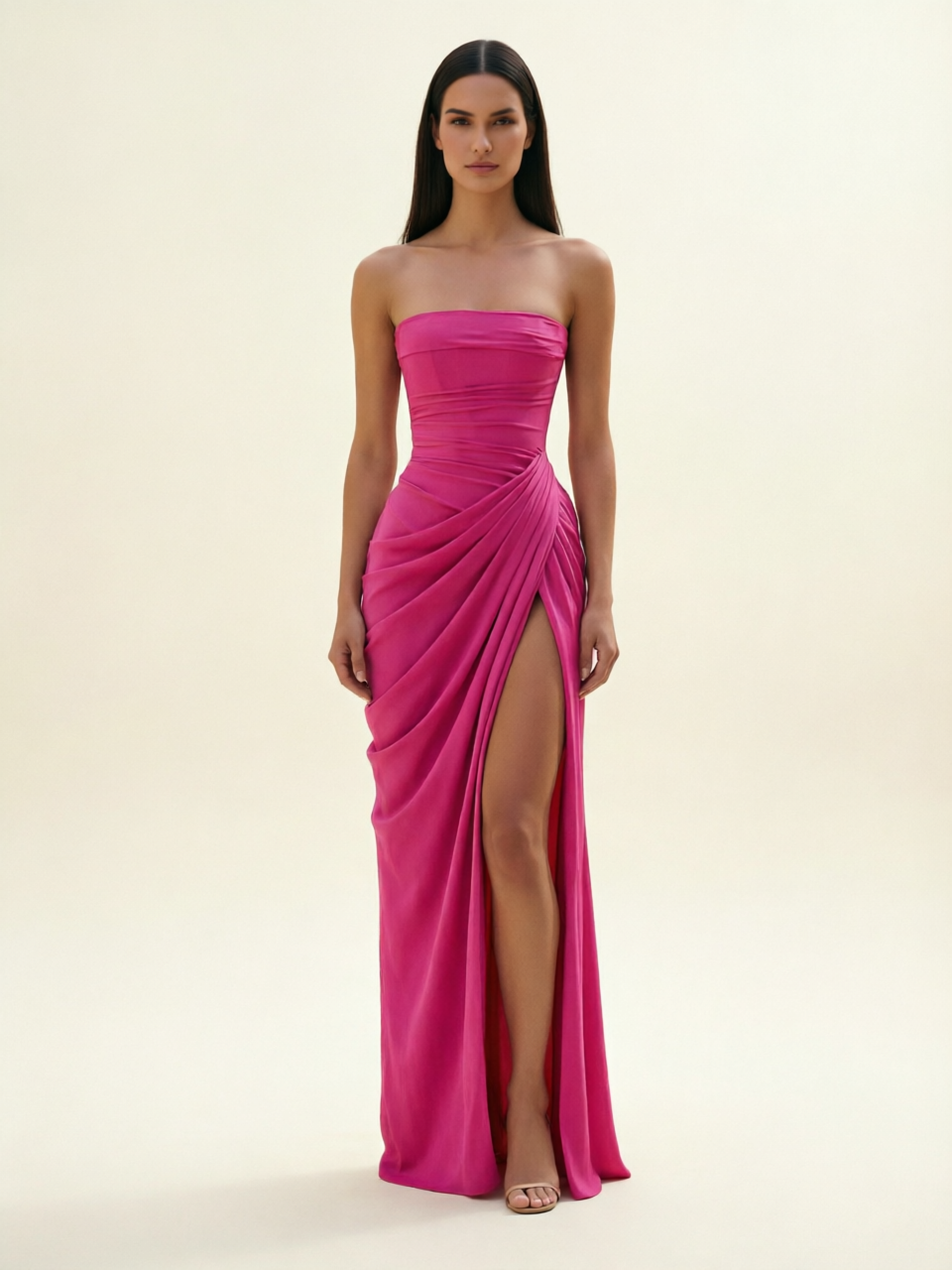 Strapless Ruched High Slit Maxi Dress