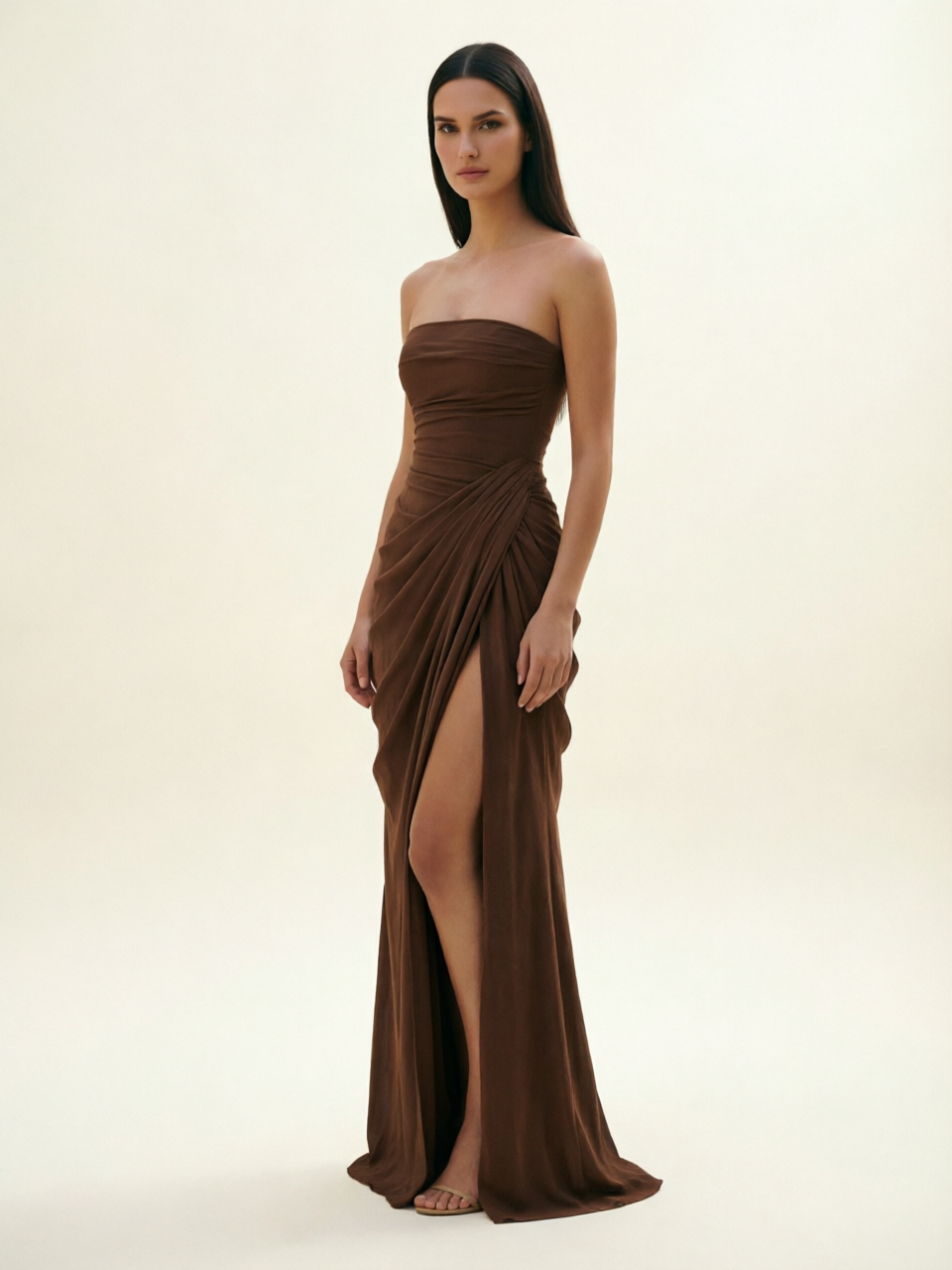 Strapless Ruched High Slit Maxi Dress