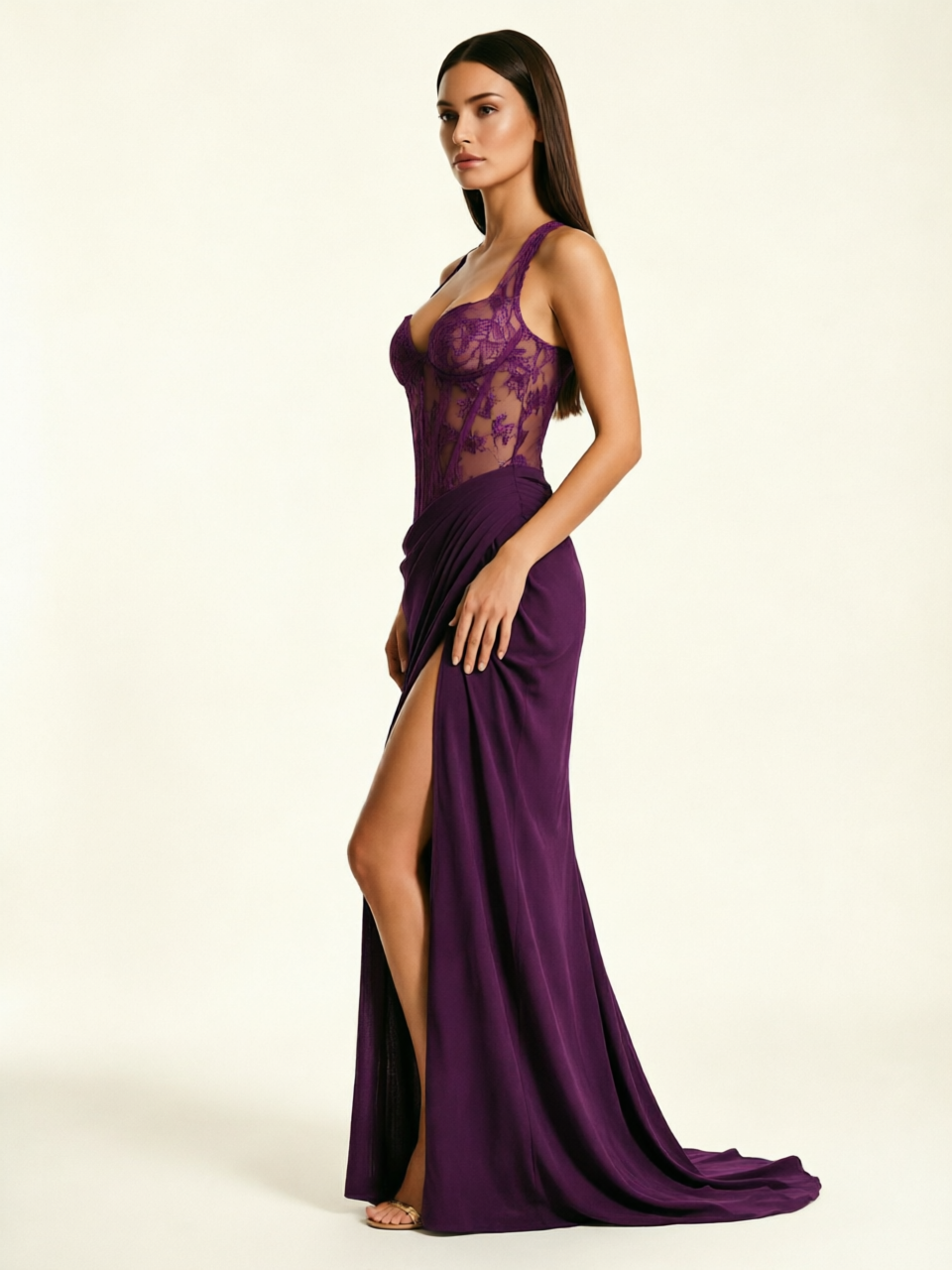 Lace Corset Halter High Slit Formal Dress