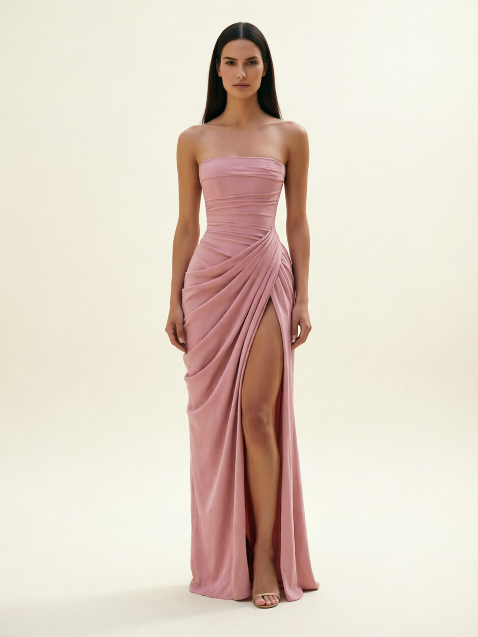 Strapless Ruched High Slit Maxi Dress