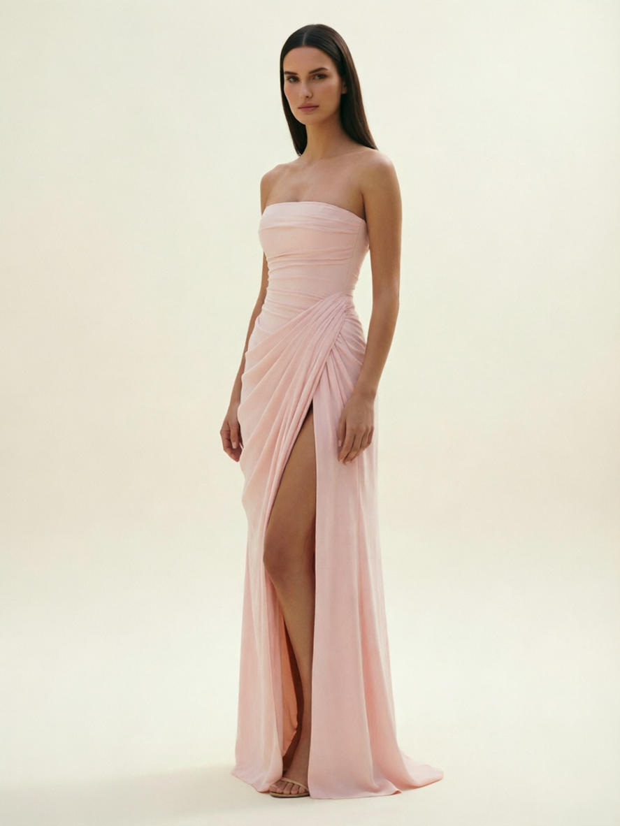 Strapless Ruched High Slit Maxi Dress