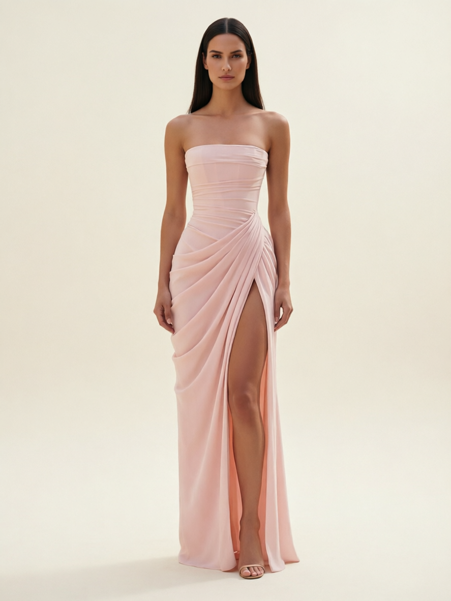 Strapless Ruched High Slit Maxi Dress