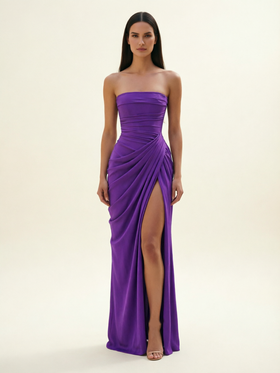 Strapless Ruched High Slit Maxi Dress