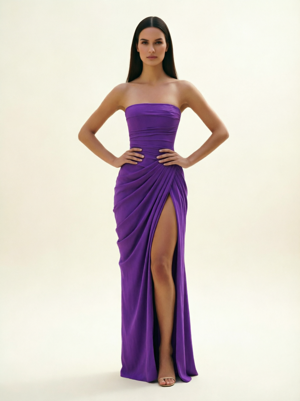 Strapless Ruched High Slit Maxi Dress