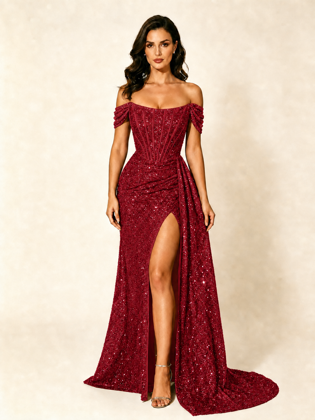 Off Shoulder Sequin High Slit Dress with Train