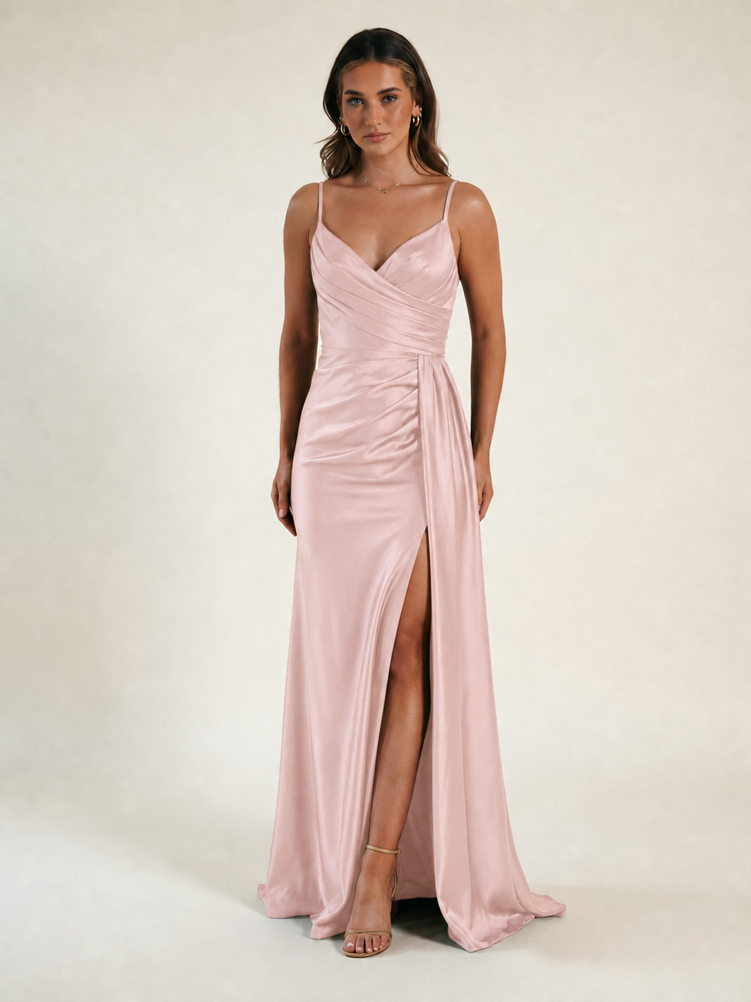 V-neck satin fine bandeau fitted high slit long dress