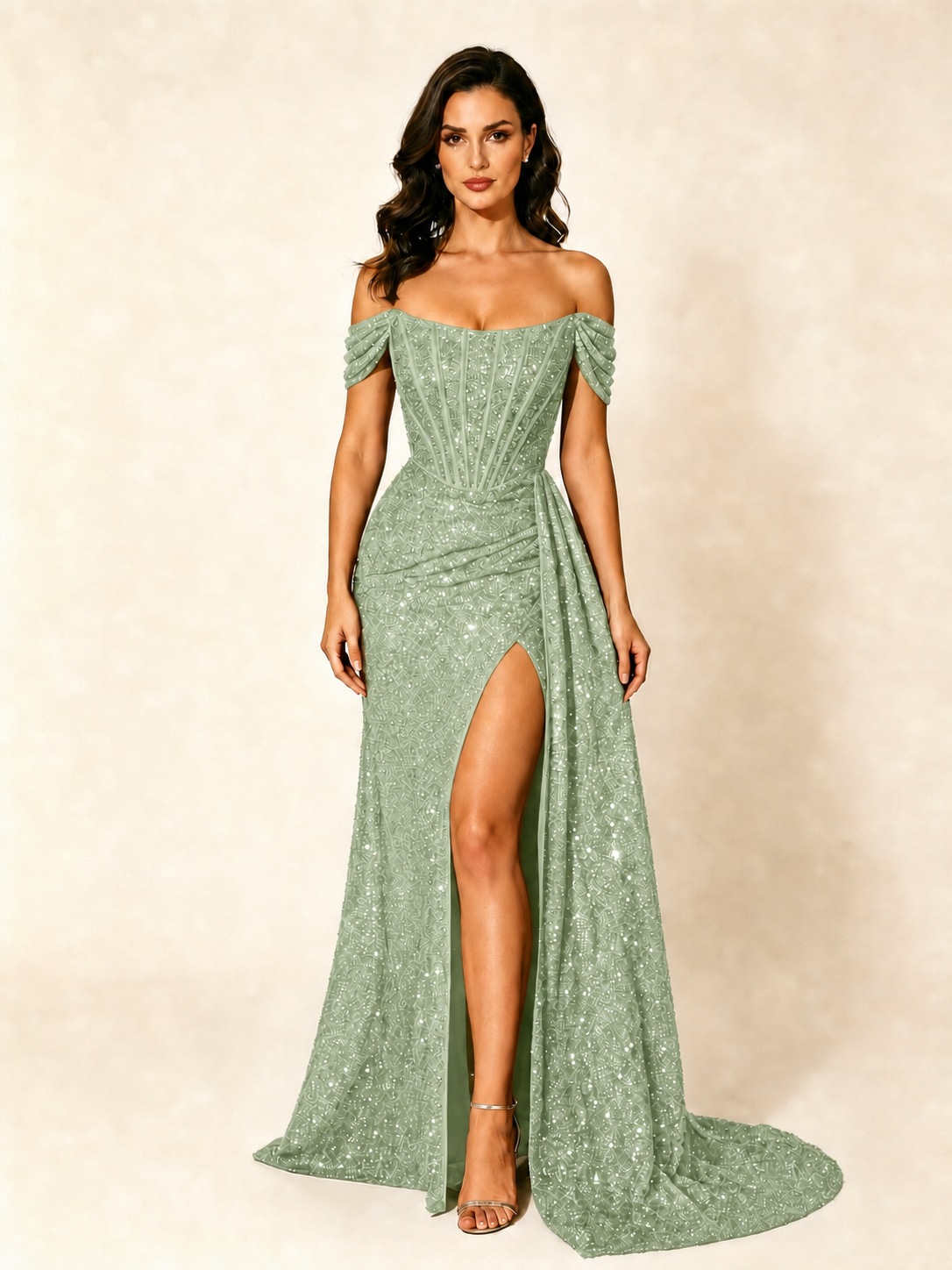 Off Shoulder Sequin High Slit Dress with Train