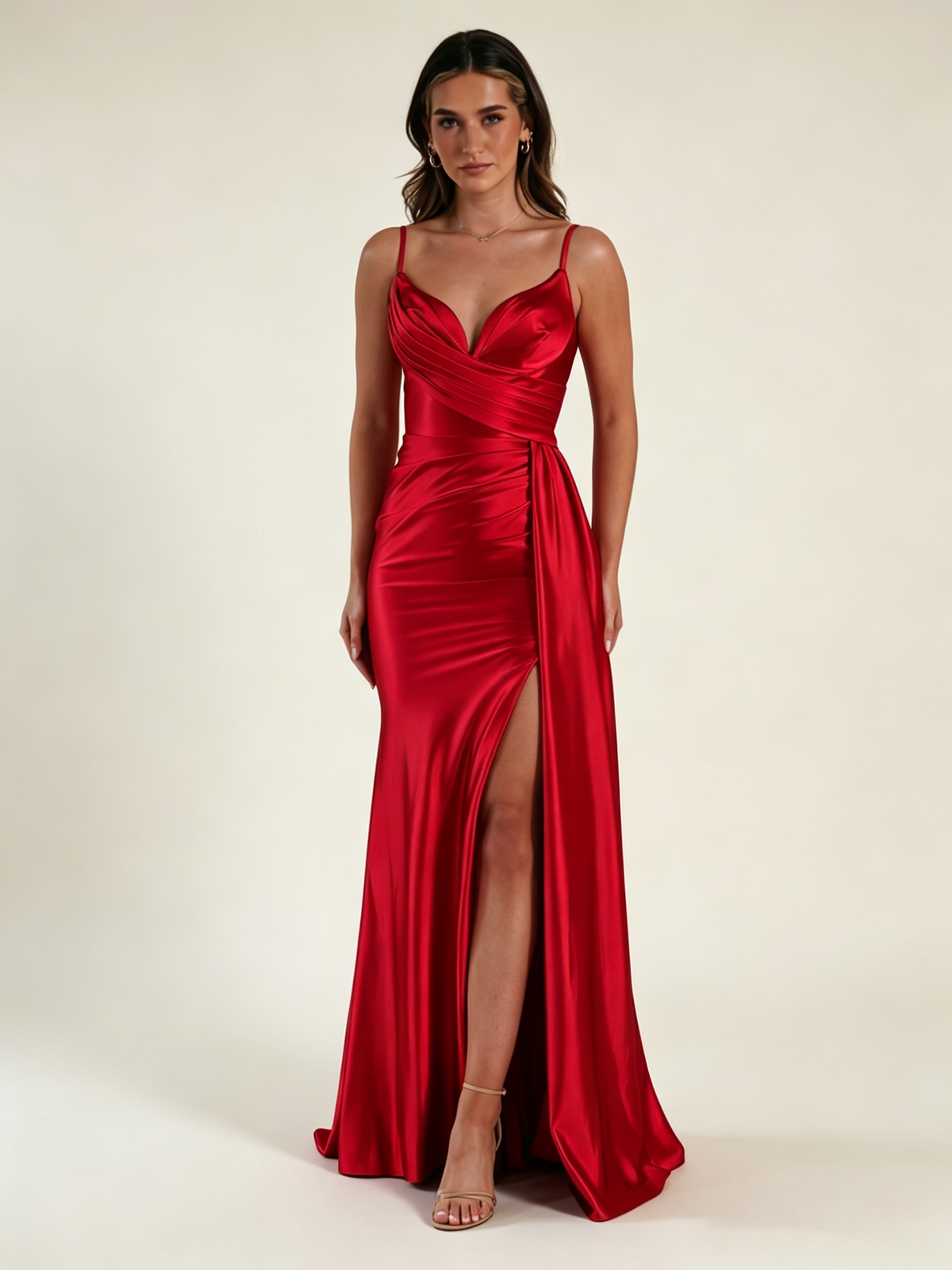 V-neck satin fine bandeau fitted high slit long dress