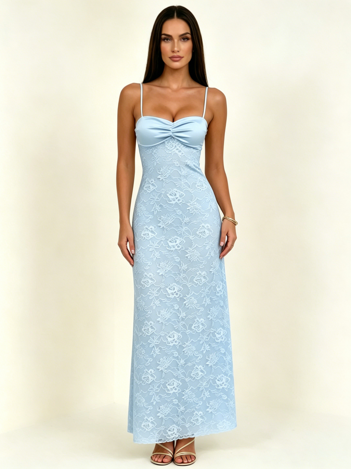 Satin Bust Lace Midi Maxi Dress, Spaghetti Strap Cross Lace Up Back Bridesmaid Dress