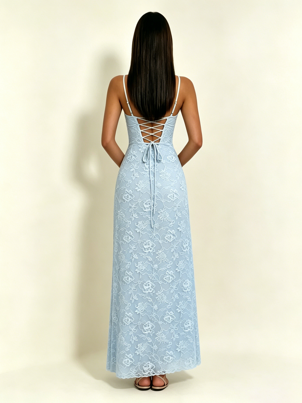 Satin Bust Lace Midi Maxi Dress, Spaghetti Strap Cross Lace Up Back Bridesmaid Dress