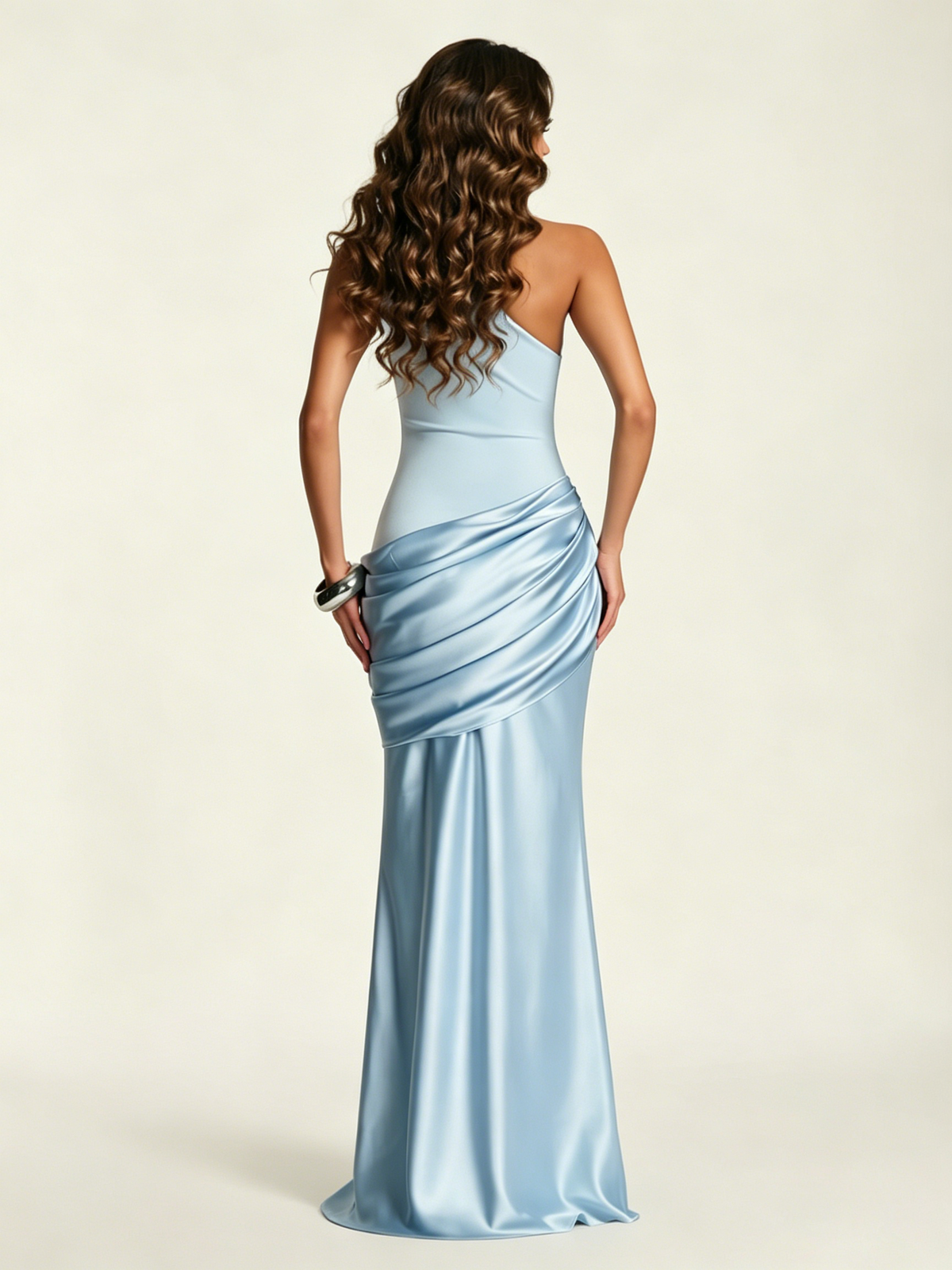 Single-shoulder satin floor-length evening dress