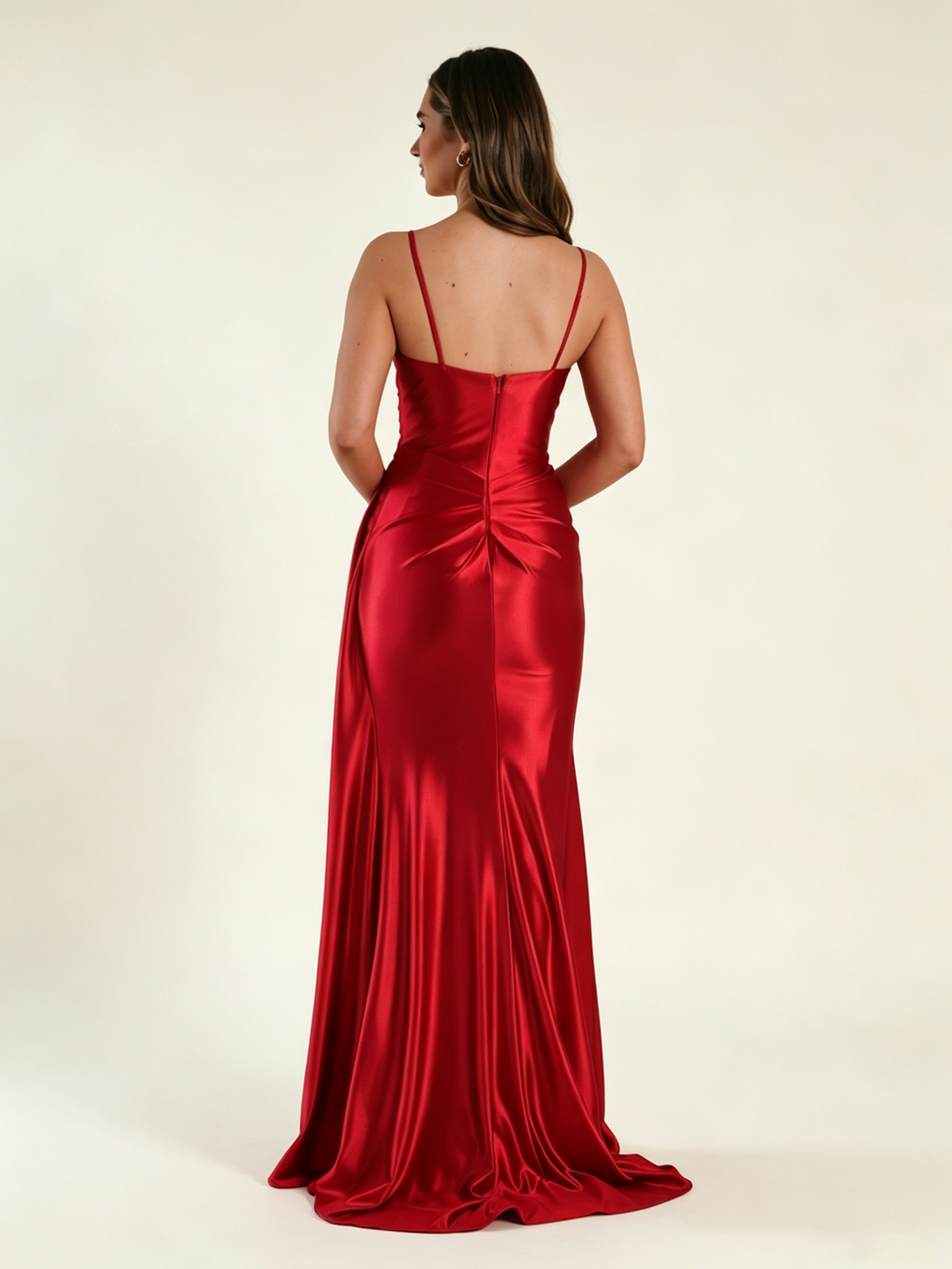 V-neck satin fine bandeau fitted high slit long dress