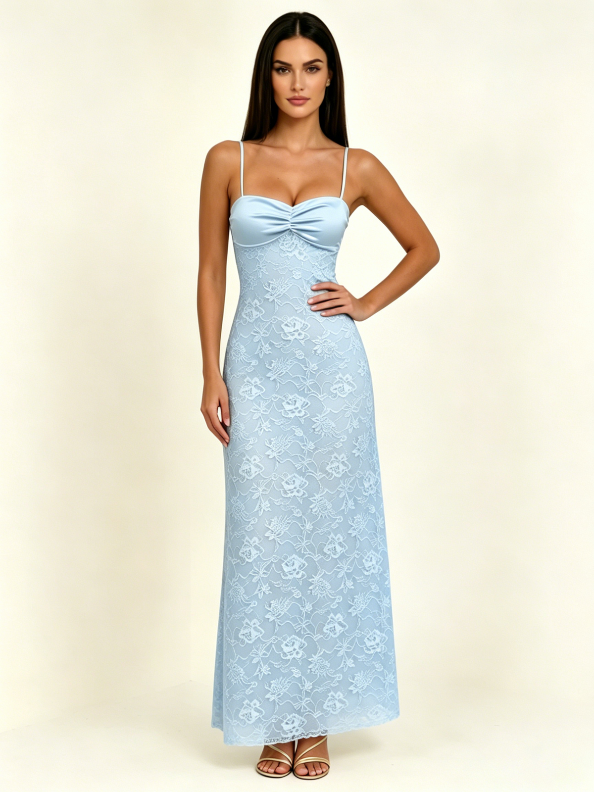 Satin Bust Lace Midi Maxi Dress, Spaghetti Strap Cross Lace Up Back Bridesmaid Dress