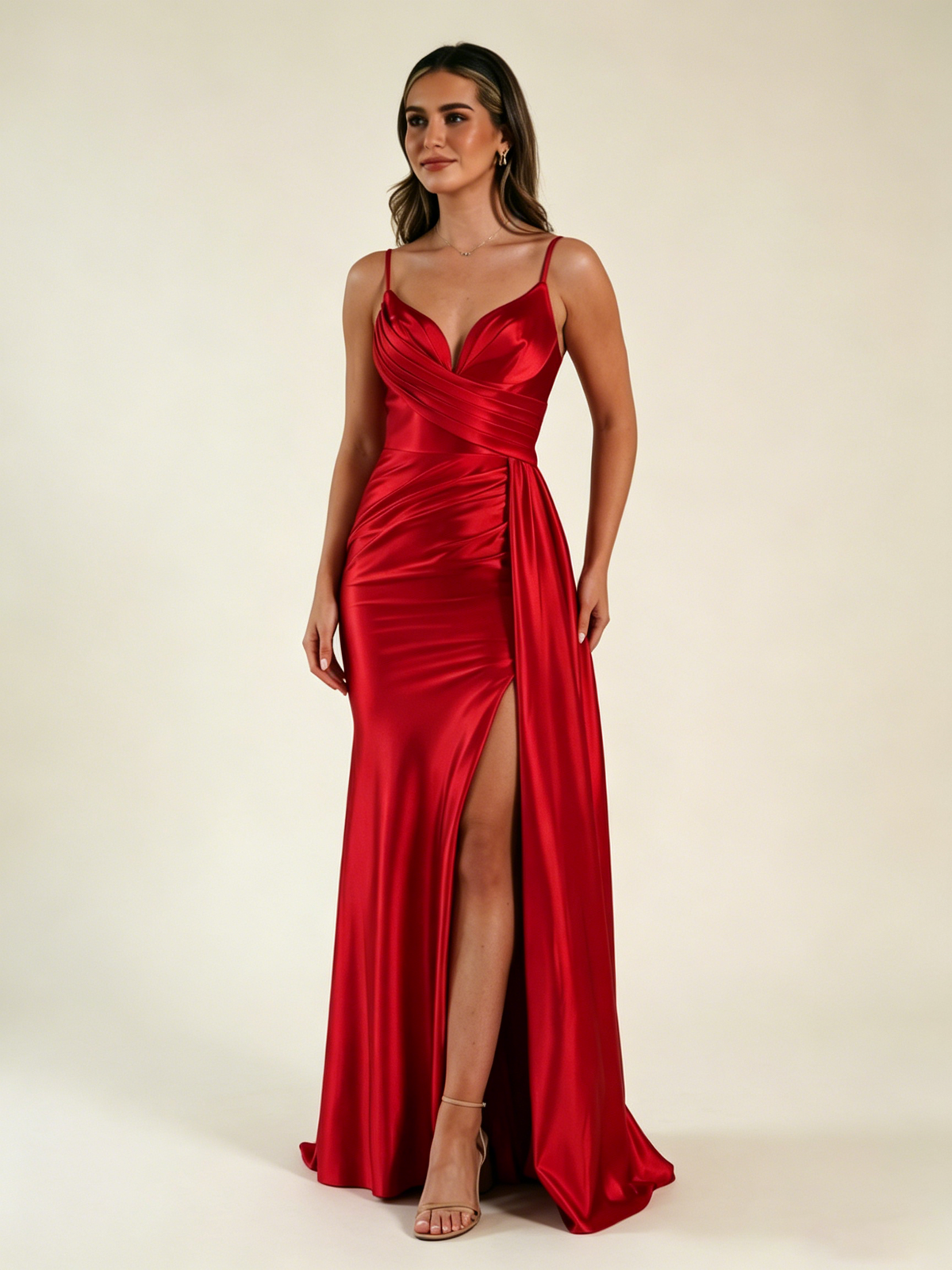 V-neck satin fine bandeau fitted high slit long dress