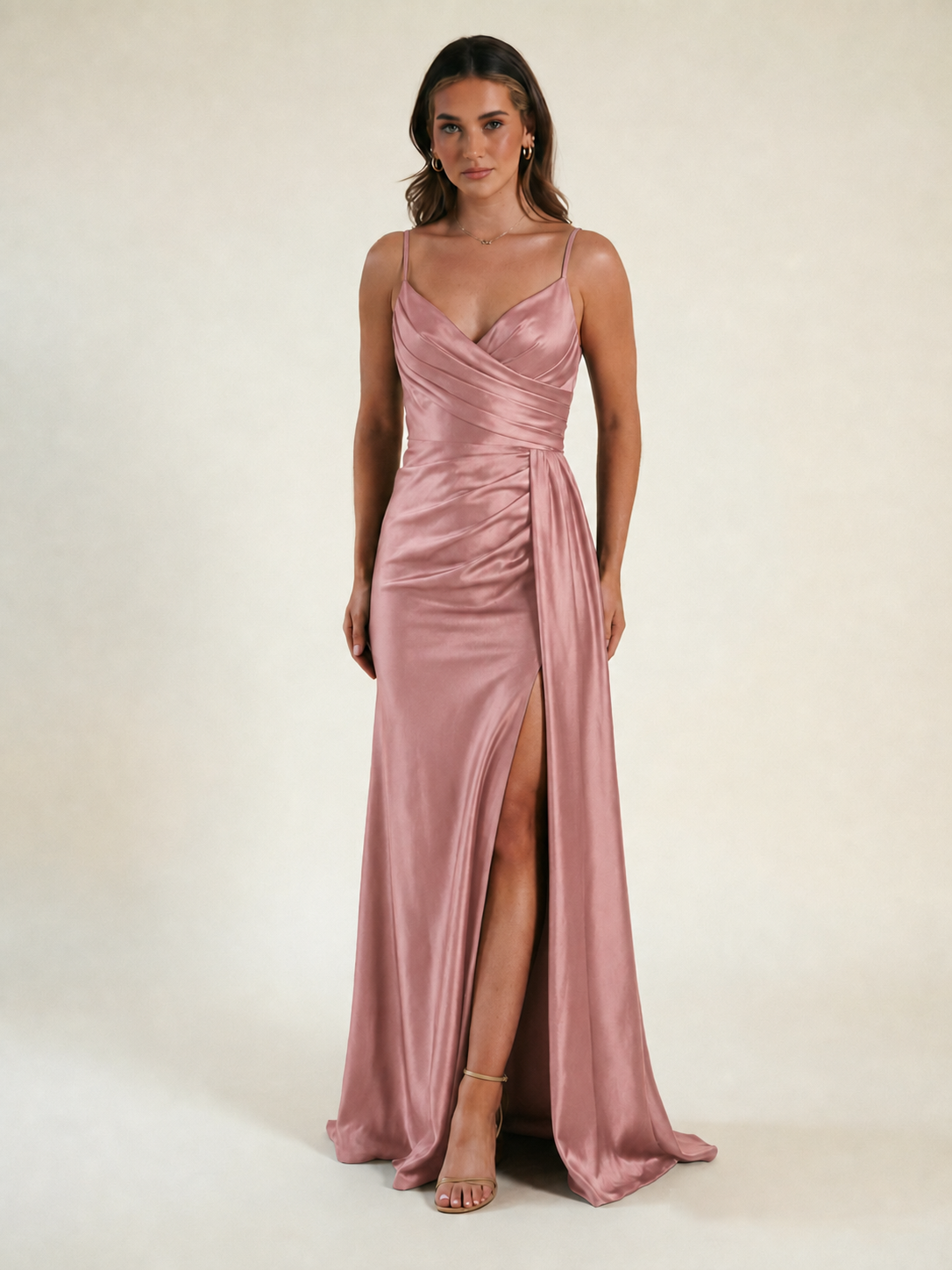 V-neck satin fine bandeau fitted high slit long dress