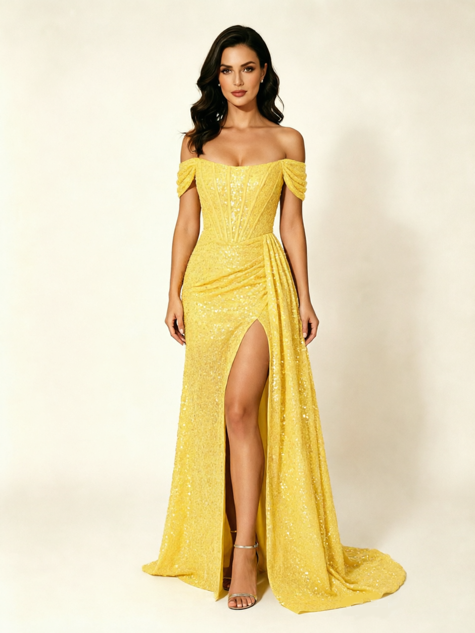 Off Shoulder Sequin High Slit Dress with Train