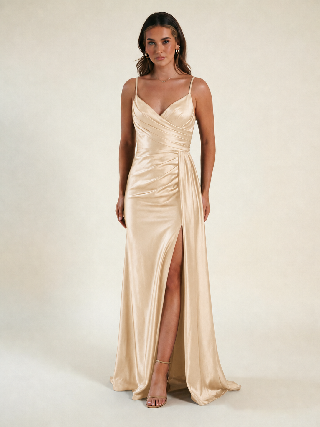 V-neck satin fine bandeau fitted high slit long dress