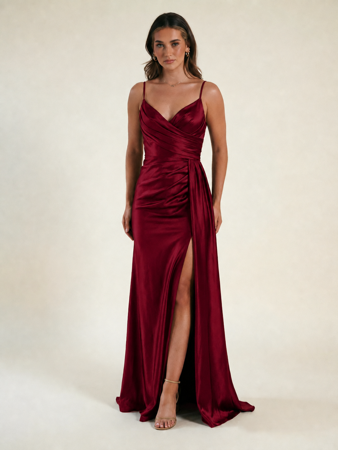 V-neck satin fine bandeau fitted high slit long dress