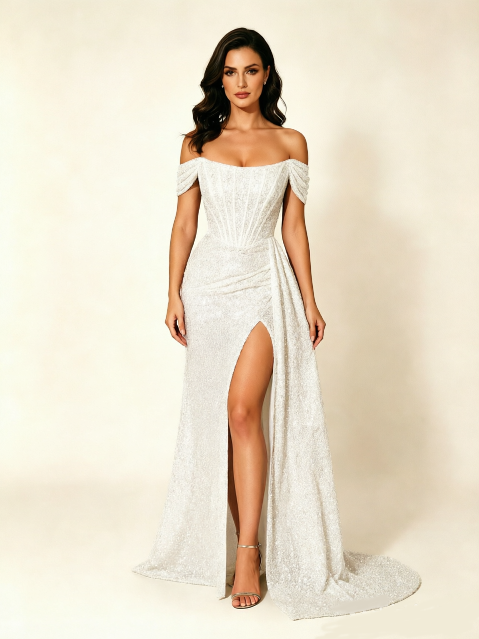 Off Shoulder Sequin High Slit Dress with Train