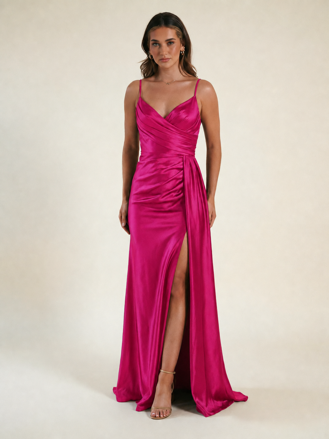 V-neck satin fine bandeau fitted high slit long dress