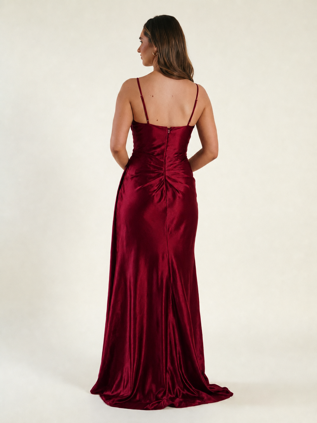 V-neck satin fine bandeau fitted high slit long dress