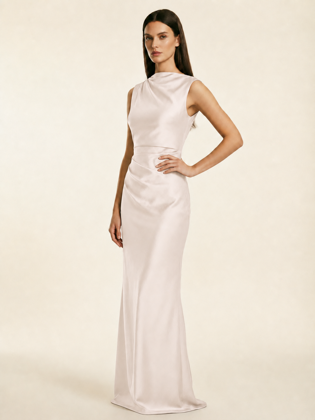 Sleeveless Draped Satin Mermaid Cutout Back Formal Dress