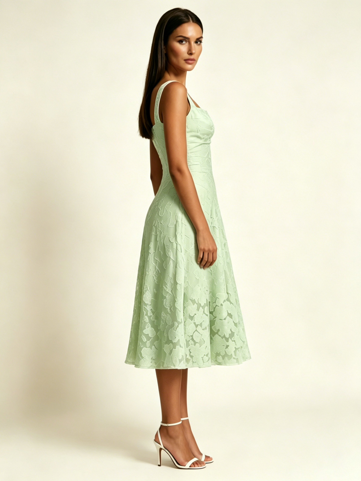 3D Floral Jacquard Square Neck Midi Dress
