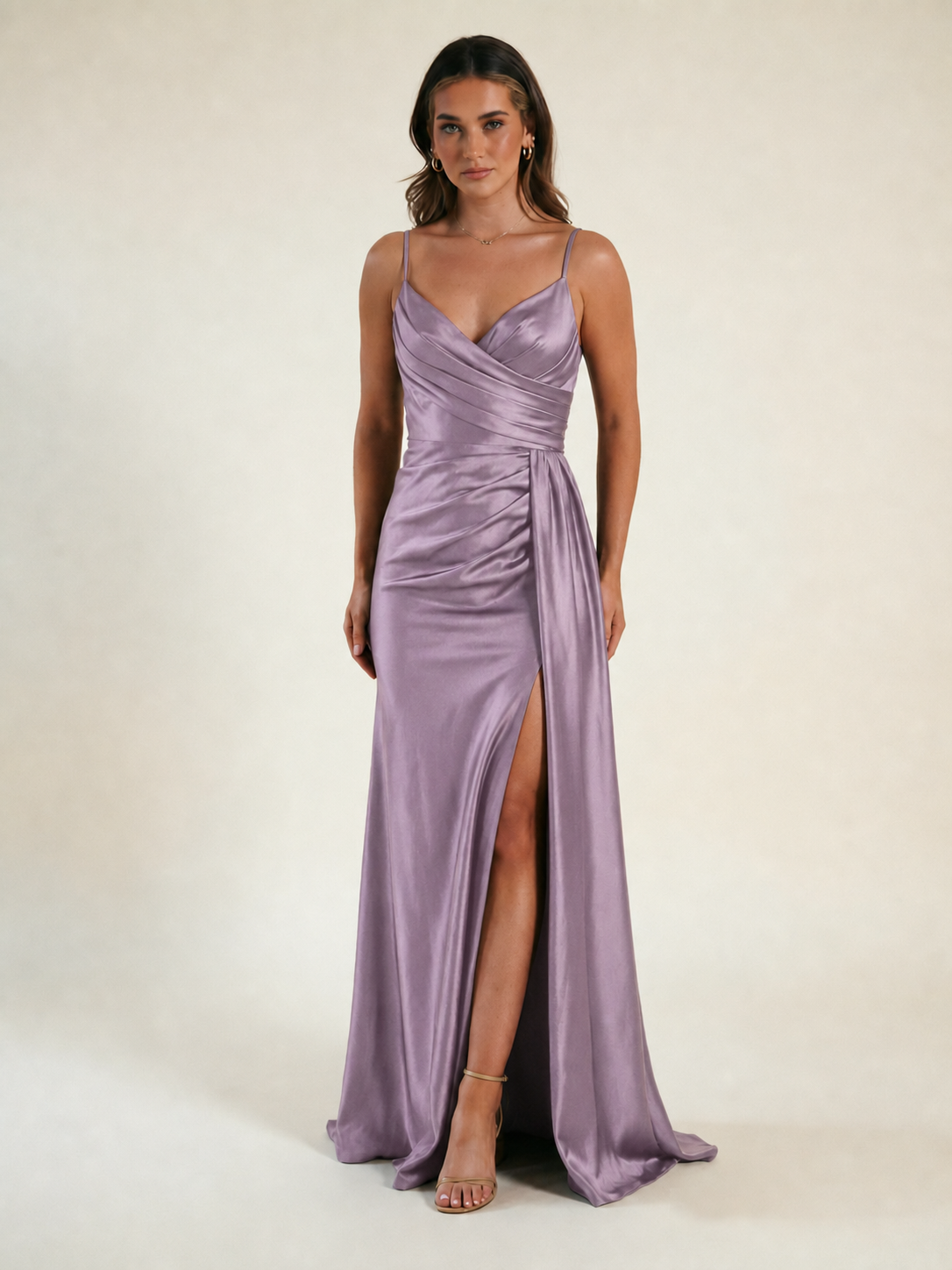 V-neck satin fine bandeau fitted high slit long dress