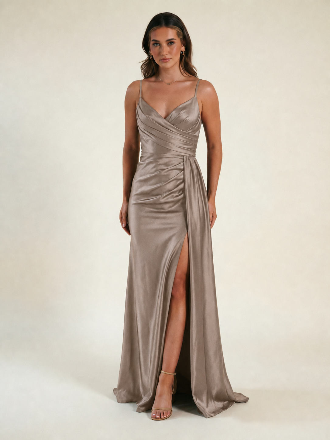 V-neck satin fine bandeau fitted high slit long dress