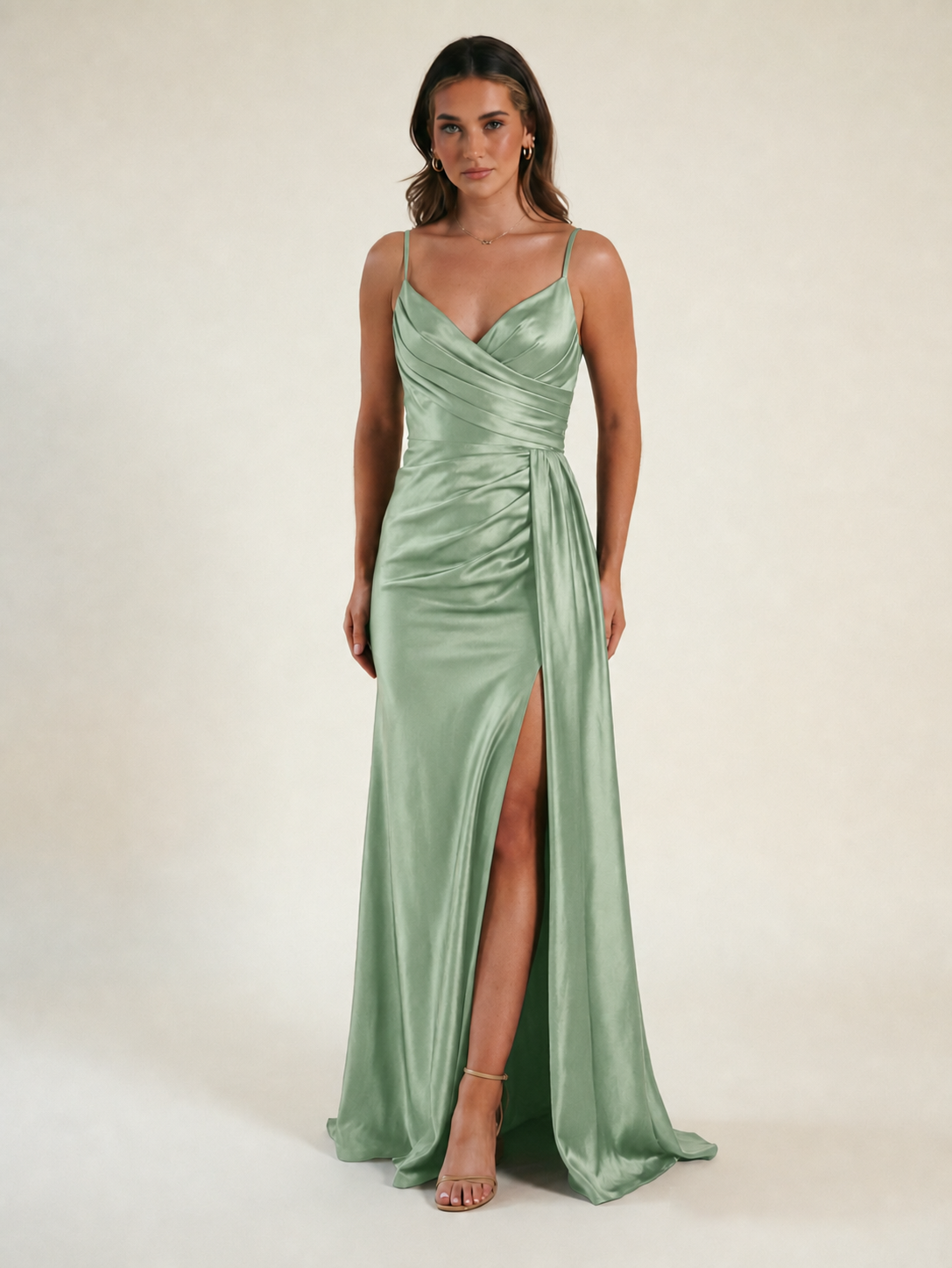 V-neck satin fine bandeau fitted high slit long dress