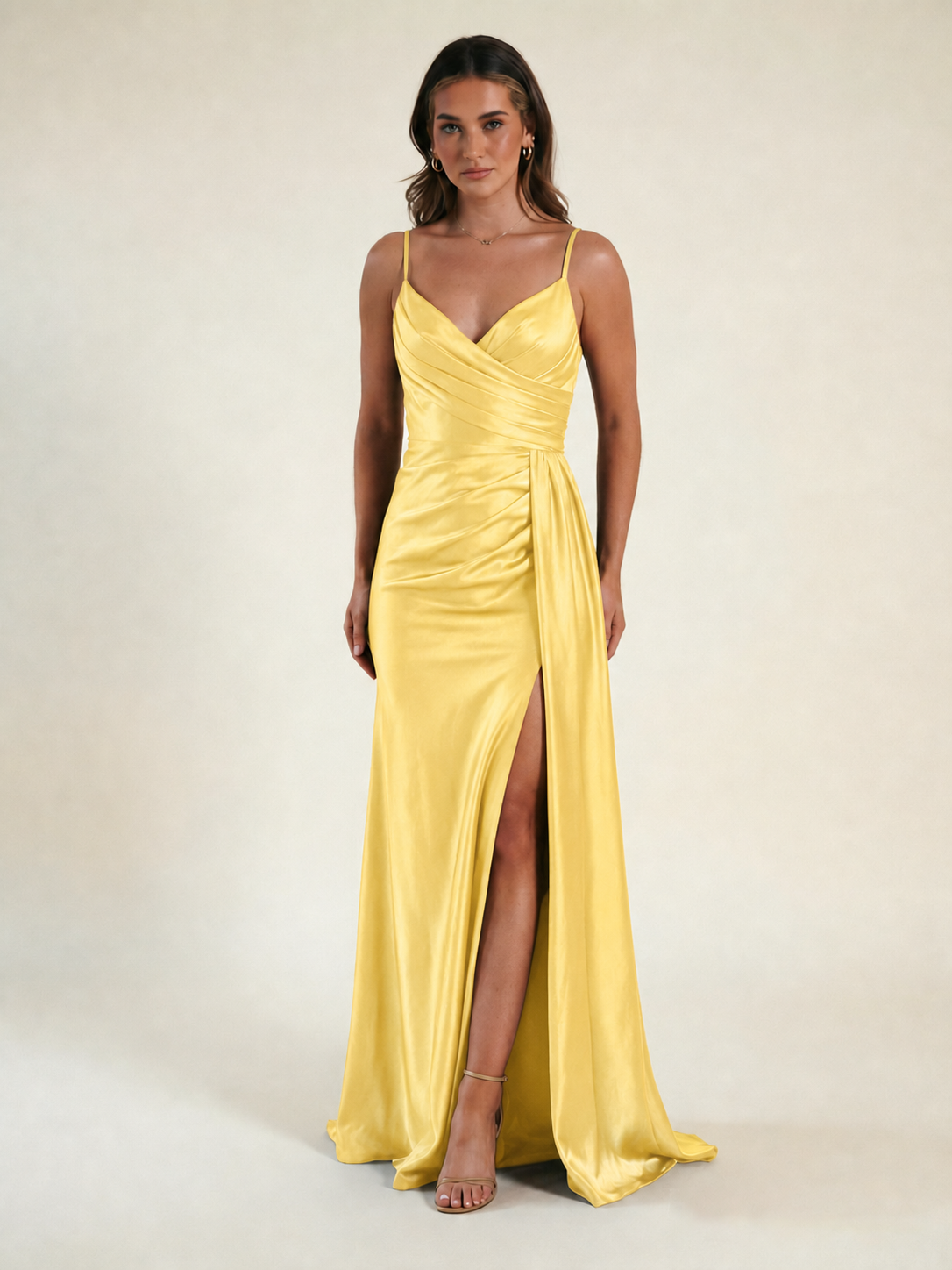 V-neck satin fine bandeau fitted high slit long dress