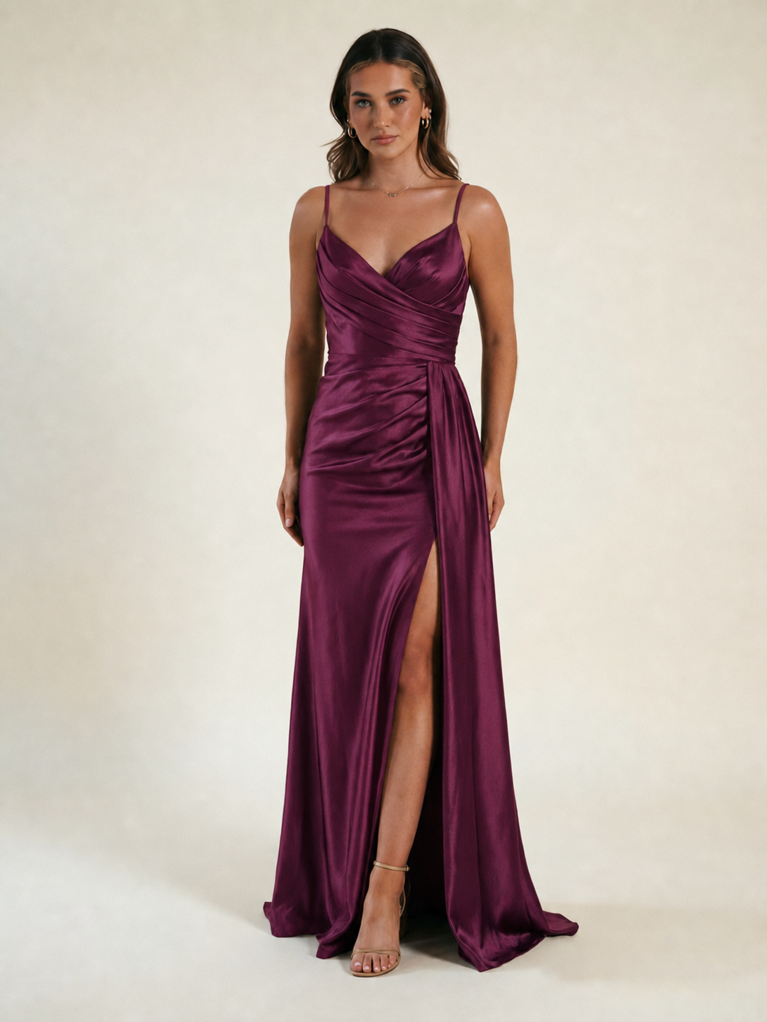 V-neck satin fine bandeau fitted high slit long dress