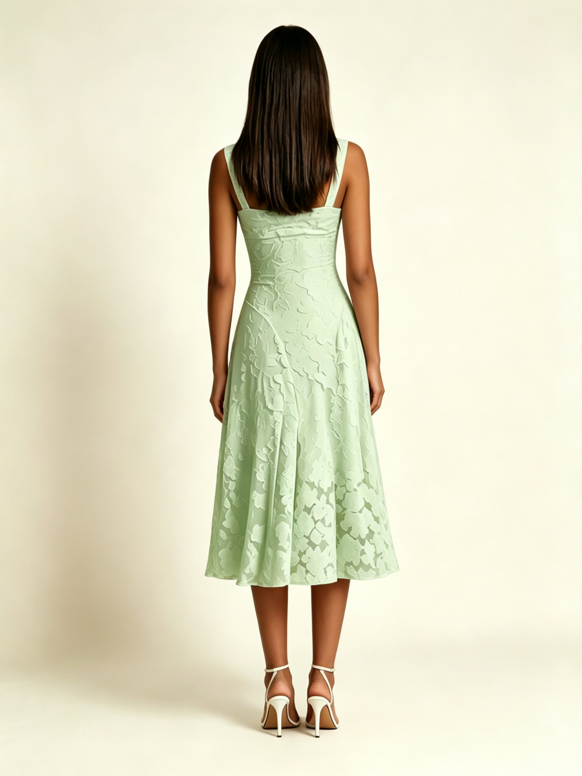 3D Floral Jacquard Square Neck Midi Dress