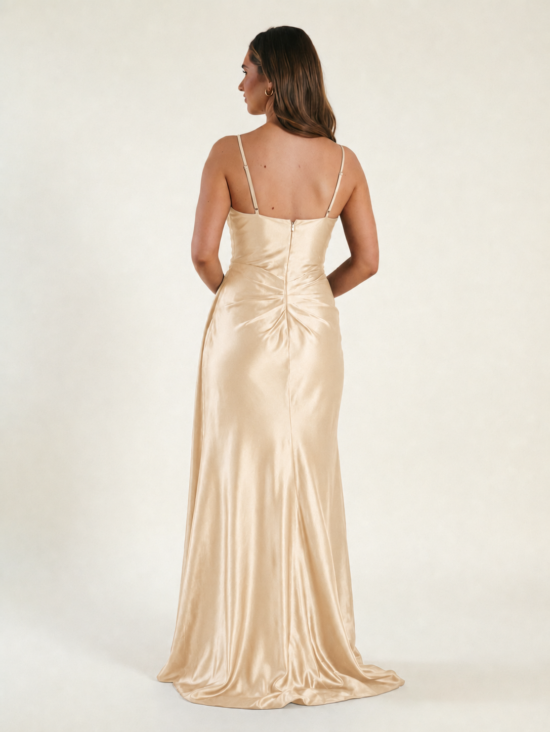 V-neck satin fine bandeau fitted high slit long dress