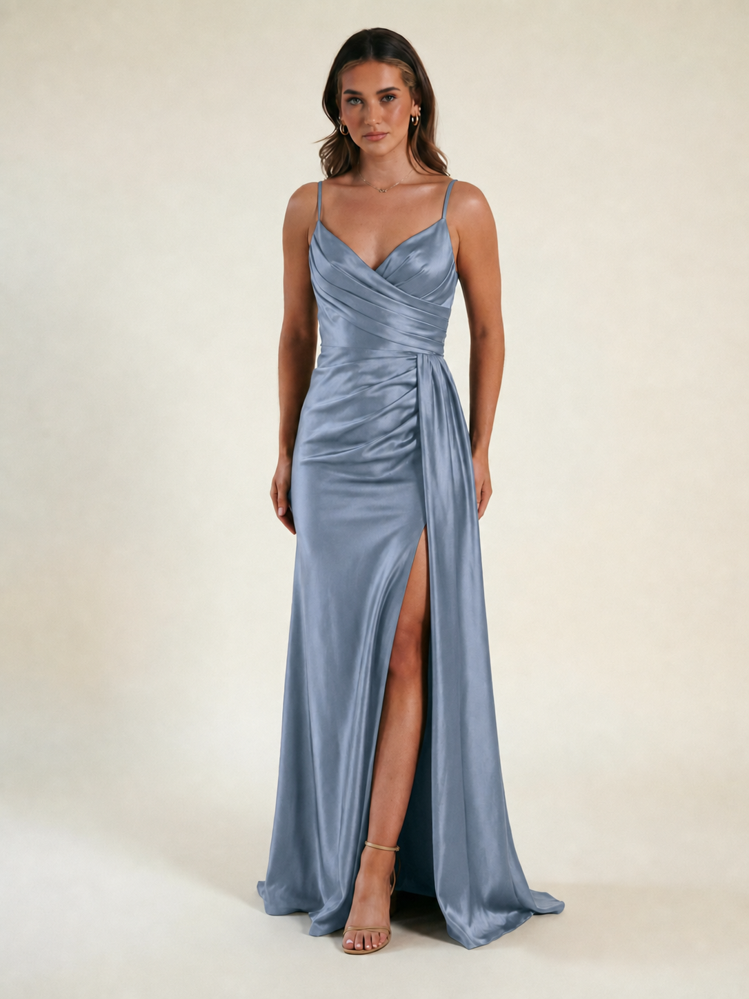 V-neck satin fine bandeau fitted high slit long dress