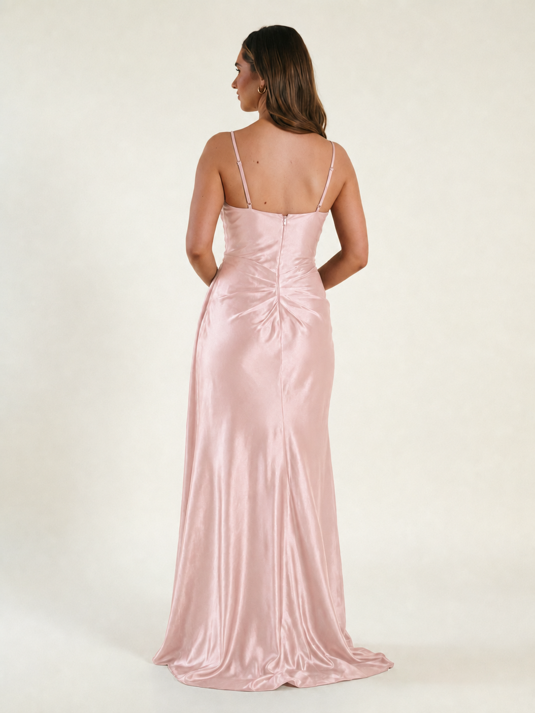 V-neck satin fine bandeau fitted high slit long dress