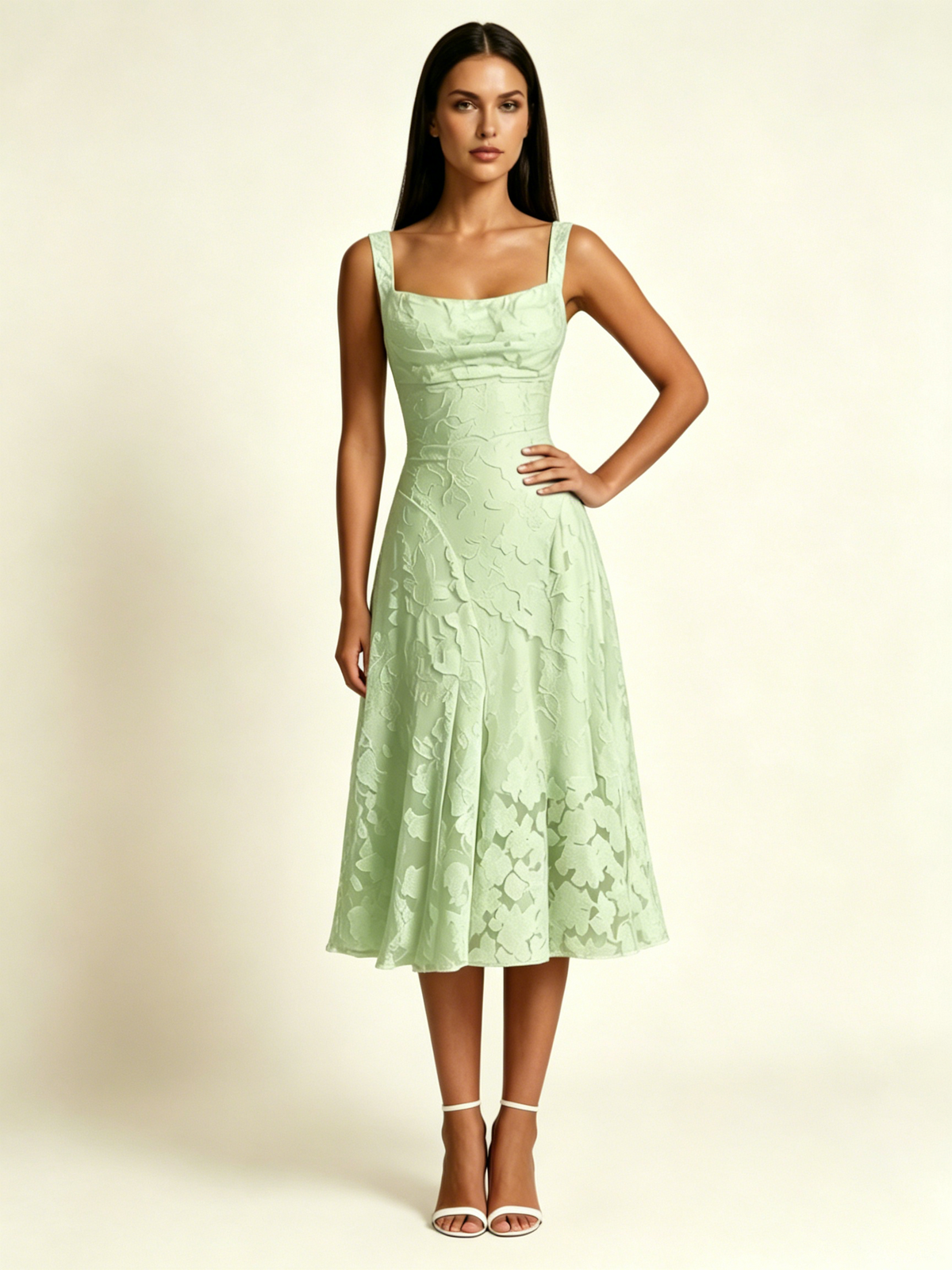3D Floral Jacquard Square Neck Midi Dress