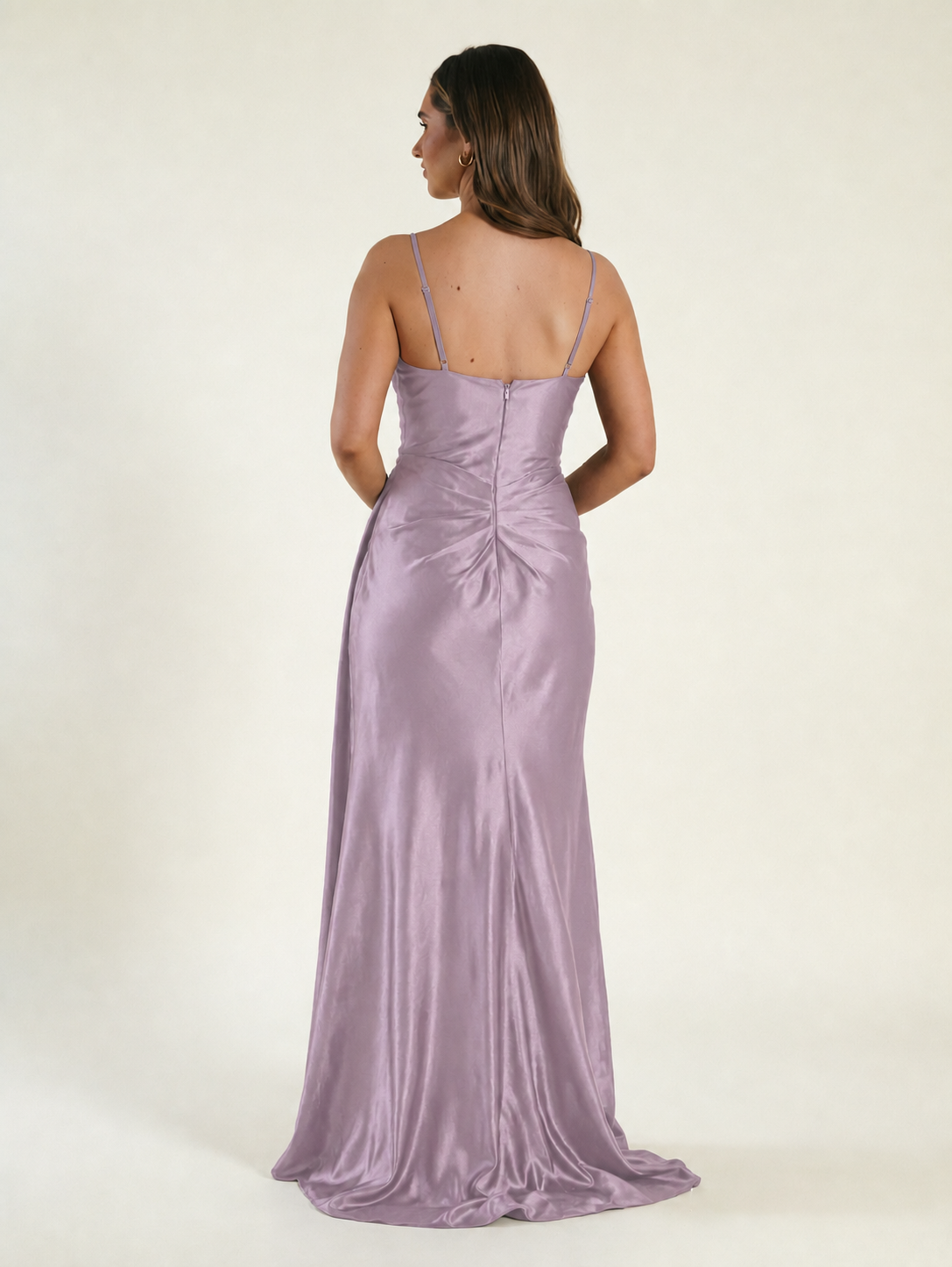 V-neck satin fine bandeau fitted high slit long dress