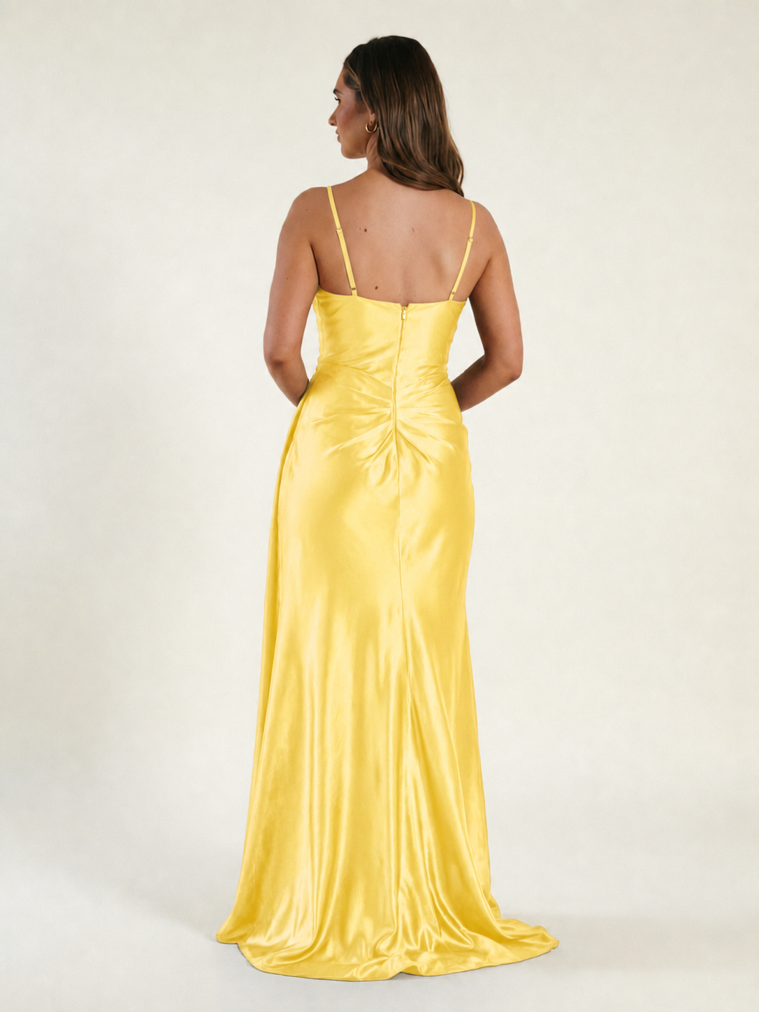 V-neck satin fine bandeau fitted high slit long dress