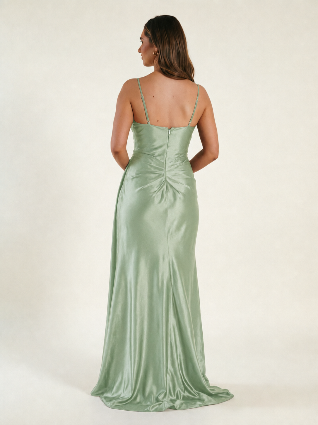 V-neck satin fine bandeau fitted high slit long dress