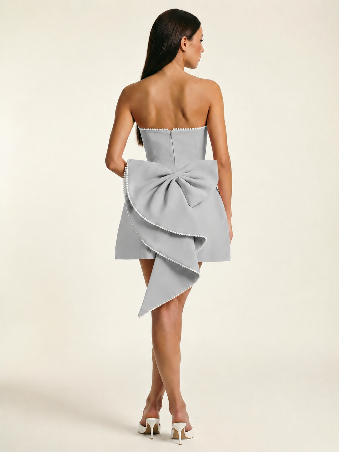 Strapless Pearl Trim Bow Back A-Line Mini Dress