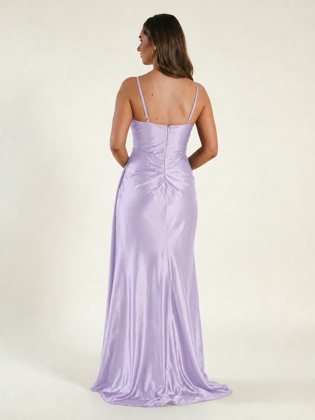 V-neck satin fine bandeau fitted high slit long dress