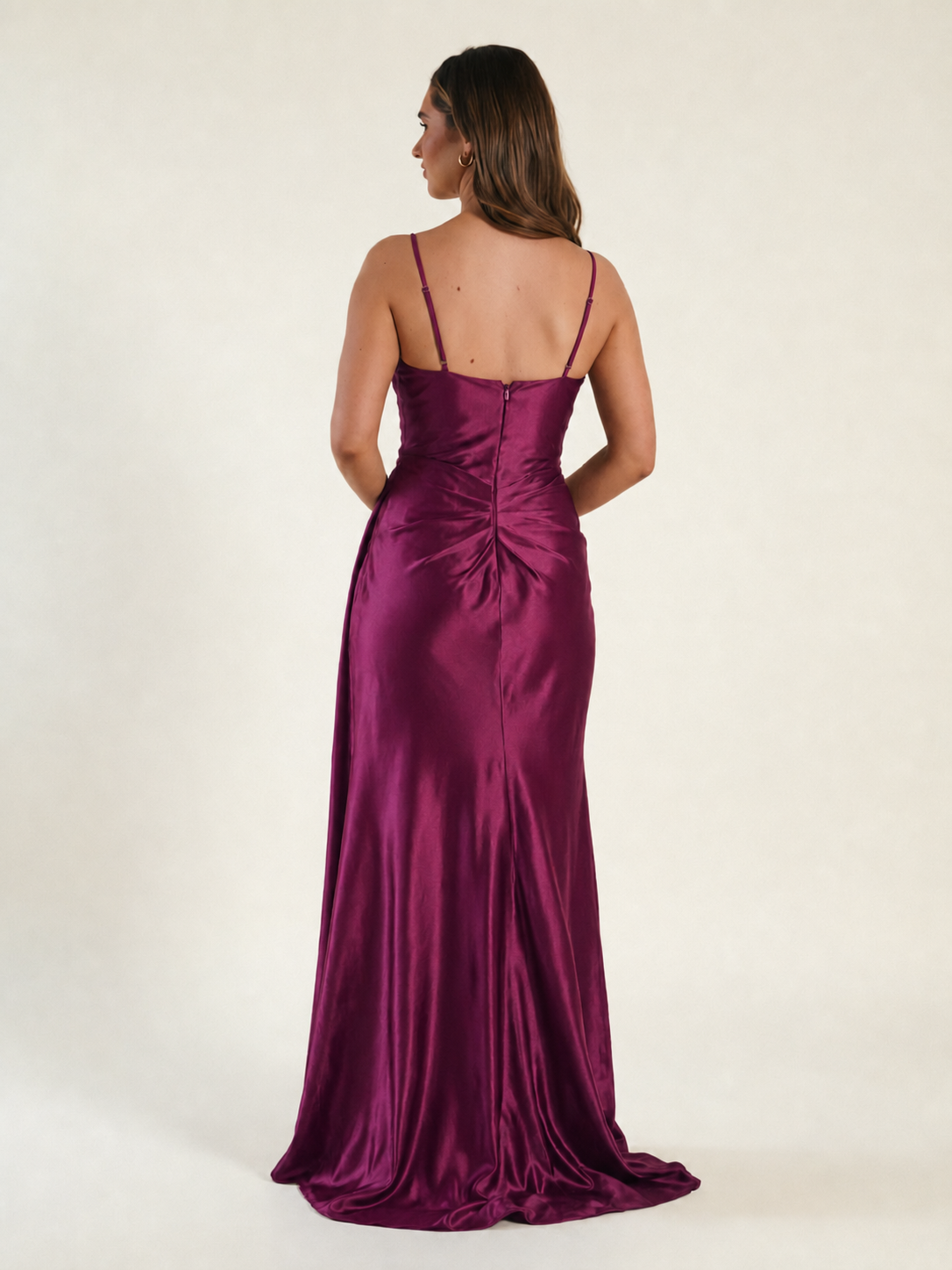 V-neck satin fine bandeau fitted high slit long dress