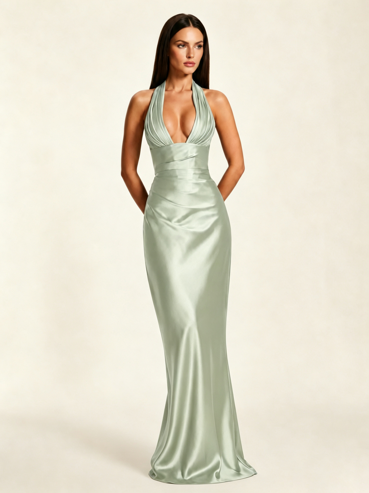 Deep V Satin Mermaid Lace-Up Back Formal Dress