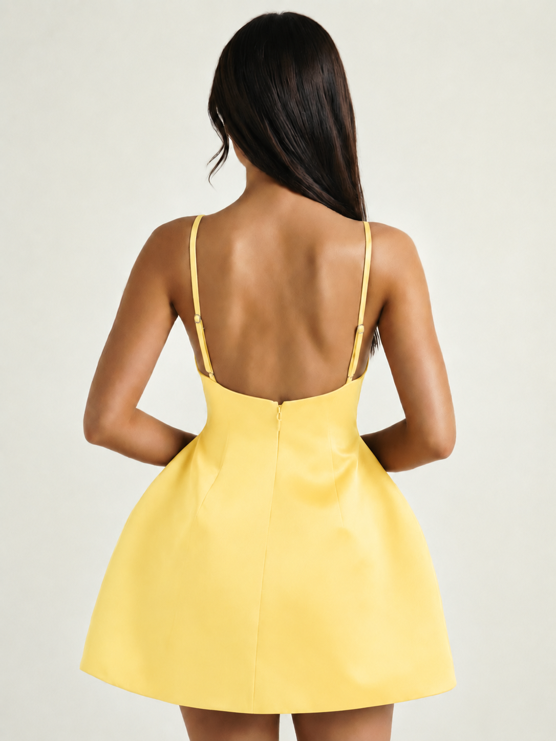Satin Boat Neck Open Back Fit & Flare Mini Dress