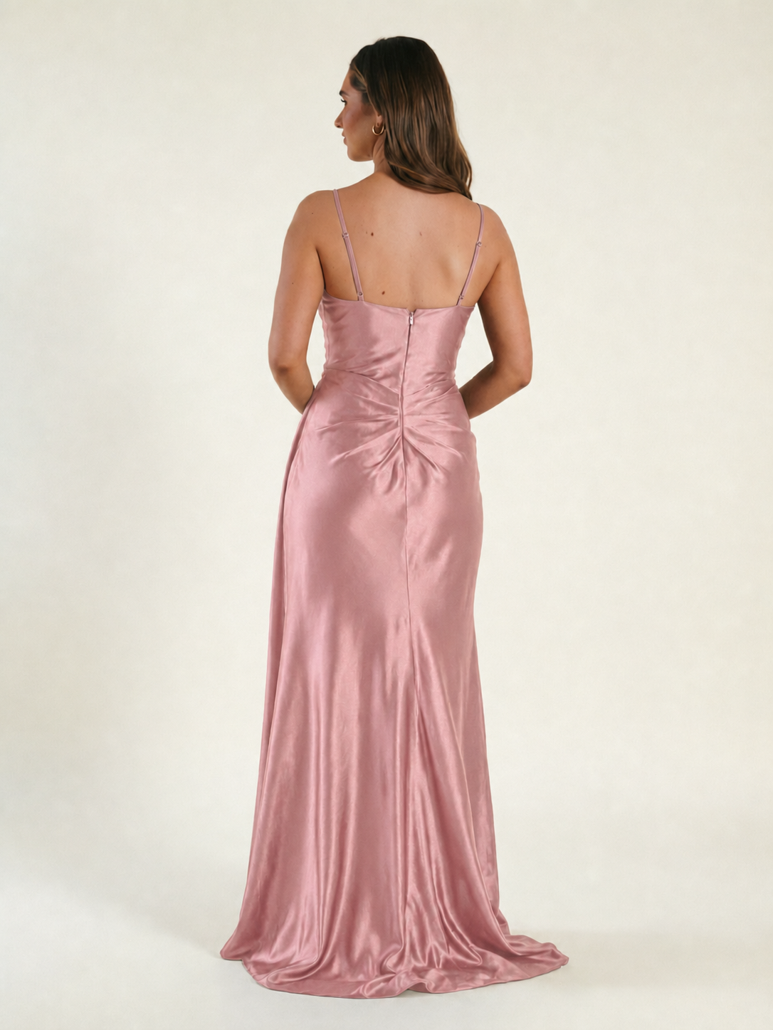 V-neck satin fine bandeau fitted high slit long dress